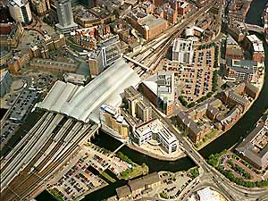 Aerial photograph Leeds City station. Walk start point