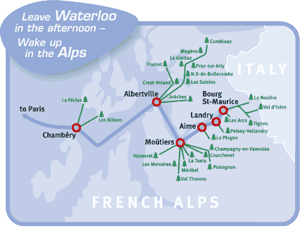 Map of French Ski Resorts and nearest SnowTrain rail Station